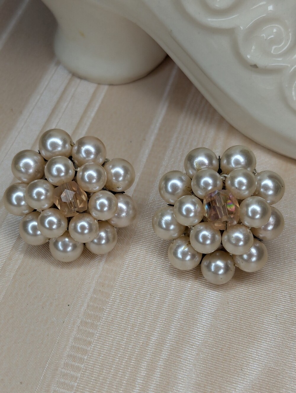 Vintage 50s Faux Pearl Cluster Earrings Pink Crystal Accent Formal Elegant MCM